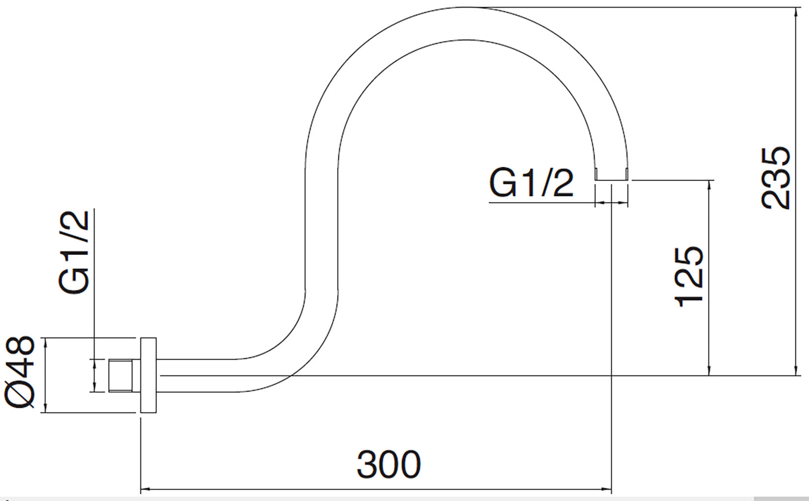Rubinetterie Treemme SHOWERS & THERMOSTATICS Braccio Doccia Lunghezza 300 mm Altezza 235 mm Installazione a Parete Materiale Ottone Finitura Cromata Forma Rotonda Curva A Canna