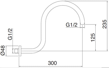 Rubinetterie Treemme SHOWERS & THERMOSTATICS Braccio Doccia Lunghezza 300 mm Altezza 235 mm Installazione a Parete Materiale Ottone Finitura Cromata Forma Rotonda Curva A Canna