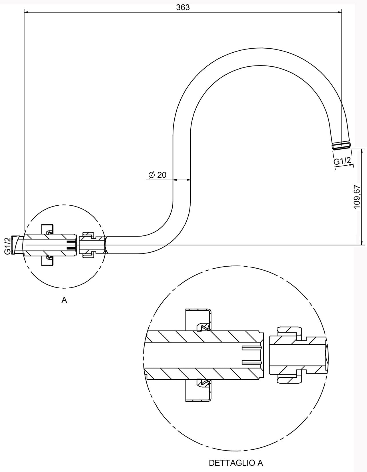 Rubinetterie Treemme SHOWERS & THERMOSTATICS Braccio Doccia Lunghezza 300 mm Altezza 235 mm Installazione a Parete Materiale Ottone Finitura Cromata Forma Rotonda Curva A Canna