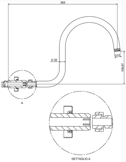 Rubinetterie Treemme SHOWERS & THERMOSTATICS Braccio Doccia Lunghezza 300 mm Altezza 235 mm Installazione a Parete Materiale Ottone Finitura Cromata Forma Rotonda Curva A Canna