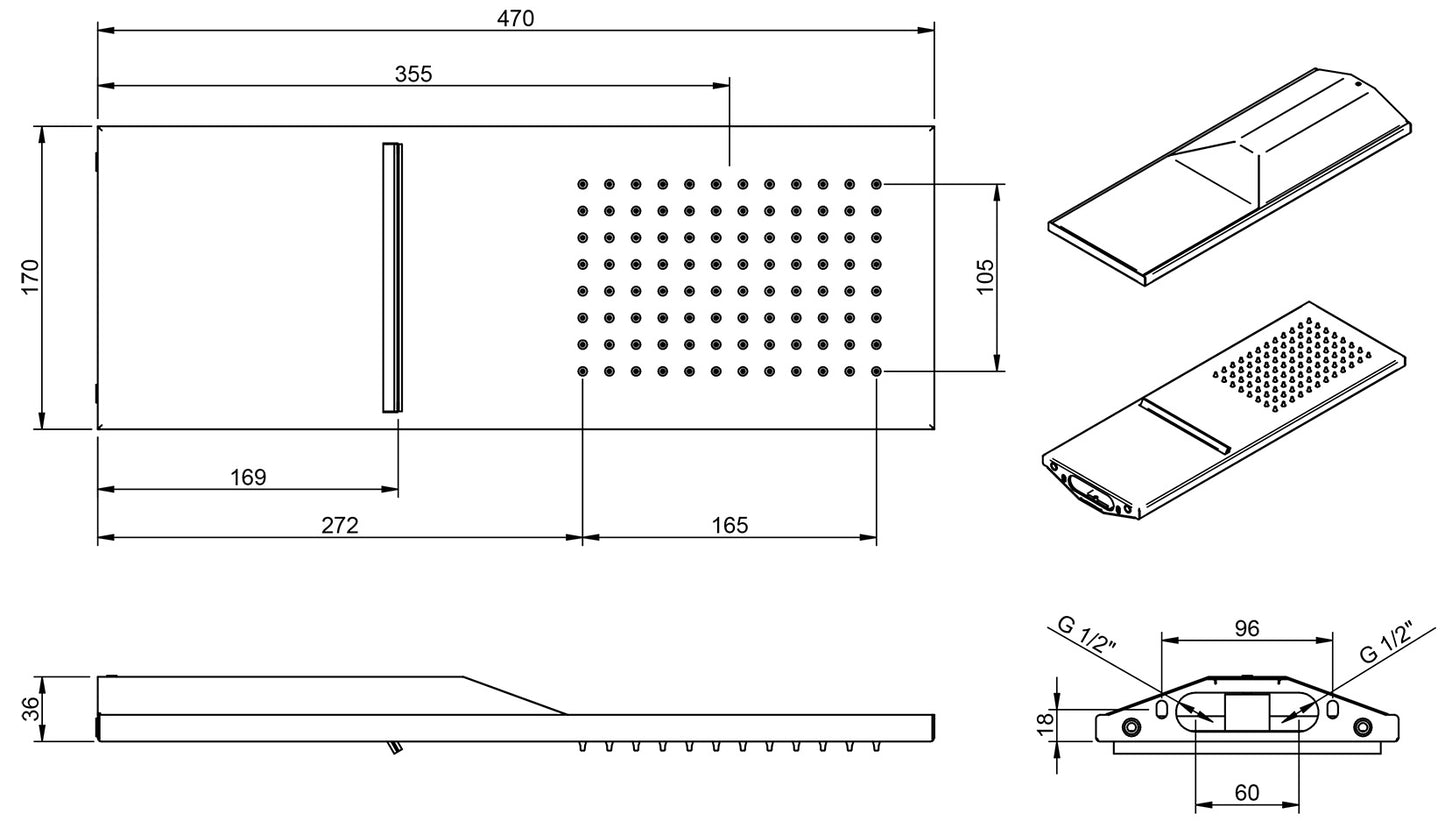 Rubinetterie Treemme Showers & Thermostatics Soffione Doccia A Parete a Mensola Rettangolare Lunghezza 470 mm Larghezza 170 mm Getto a Pioggia e Cascata Stile Moderno Materiale Acciaio Inox Finitura Cromato