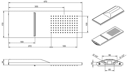 Rubinetterie Treemme Showers & Thermostatics Soffione Doccia A Parete a Mensola Rettangolare Lunghezza 470 mm Larghezza 170 mm Getto a Pioggia e Cascata Stile Moderno Materiale Acciaio Inox Finitura Cromato