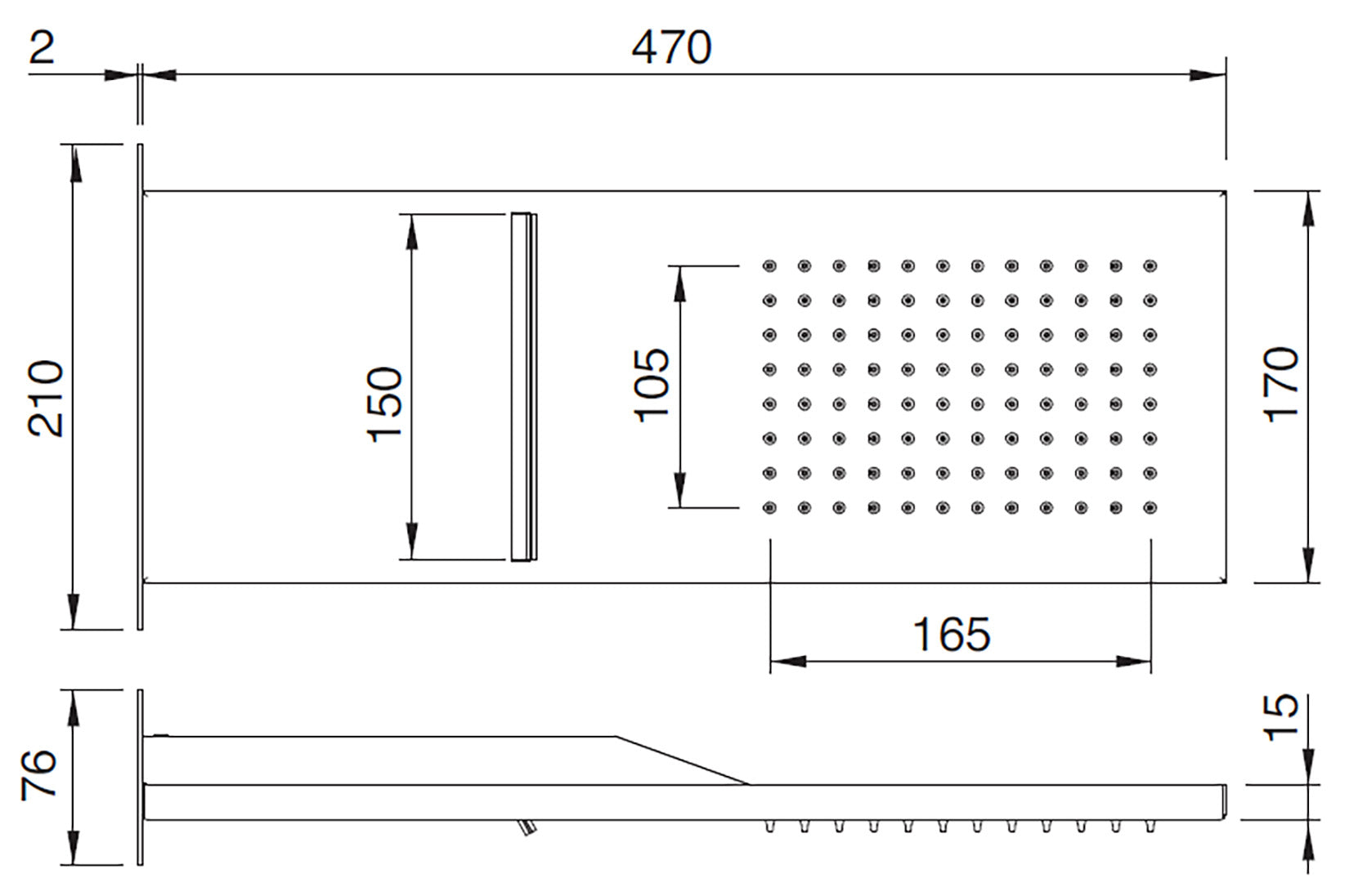 Rubinetterie Treemme Showers & Thermostatics Soffione Doccia A Parete a Mensola Rettangolare Lunghezza 470 mm Larghezza 170 mm Getto a Pioggia e Cascata Stile Moderno Materiale Acciaio Inox Finitura Cromato