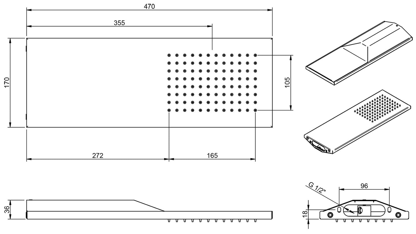 Rubinetterie Treemme Showers & Thermostatics Soffione Doccia A Parete a Mensola Rettangolare Lunghezza 470 mm Larghezza 170 mm Getto a Pioggia Stile Moderno Materiale Acciaio Inox Finitura Cromato