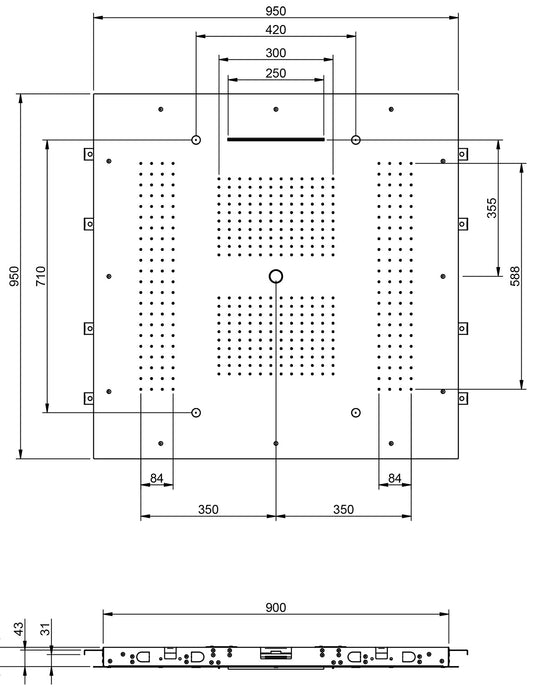 Rubinetterie Treemme SHOWERS & THERMOSTATICS Soffione Doccia a Soffitto Misura 950x950 mm Forma Quadrata Funzione Acqua Pioggia Cascata Nebulizzatori Getto Materiale Acciaio Inox Finitura Cromata