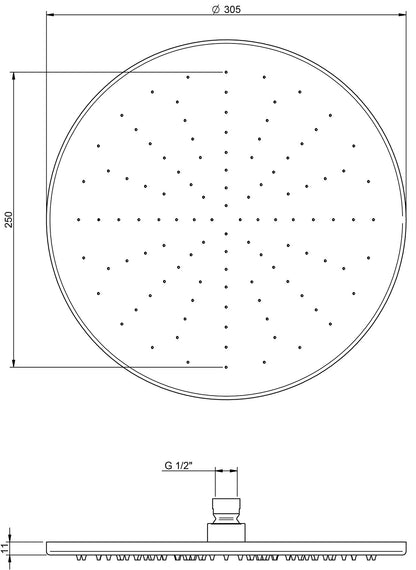 Rubinetterie Treemme SHOWERS & THERMOSTATICS Soffione Doccia Misura Diametro Ø 305 mm Forma Rotonda Funzione Acqua Pioggia Materiale Metallo Finitura Cromata Portata 9 Litri Al Minuto Valvola Di Sicurezza