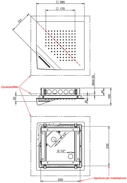 Rubinetterie Treemme SHOWERS & THERMOSTATICS Soffione Doccia Per Controsoffitto A Soffitto Misura 280x280 mm Forma Quadra Funzione Acqua Pioggia Cascata Materiale Acciaio Inox Finitura Cromata