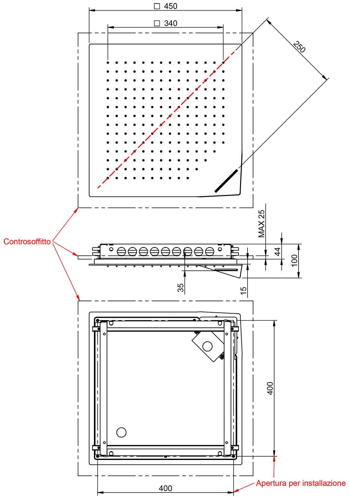 Rubinetterie Treemme SHOWERS & THERMOSTATICS Soffione Doccia Per Controsoffitto A Soffitto Misura 450x450 mm Forma Quadra Funzione Acqua Pioggia Materiale Acciaio Inox Finitura Cromata