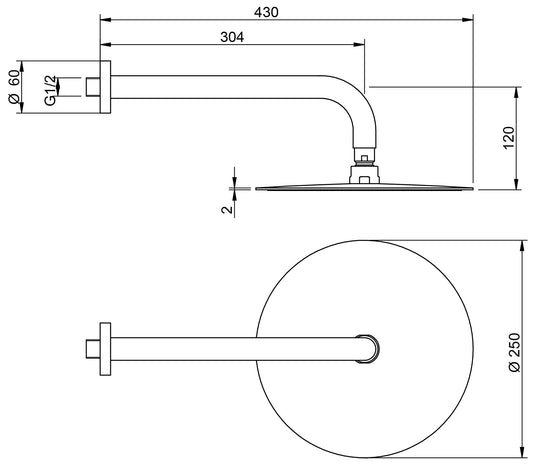 Rubinetterie Treemme Showers & Thermostatics Soffione Doccia A Parete Anticalcare Tondo In Metallo Diametro Ø 250 mm Con Braccio Doccia 304 mm Materiale Ottone Finitura Cromata Funziona a Bassa Pressione Portata Acqua 9 Litri al Minuto