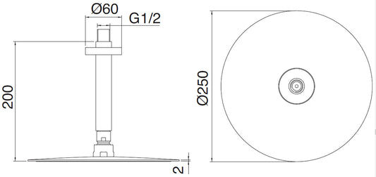 Rubinetterie Treemme Showers & Thermostatics Soffione Doccia A Soffitto Rotondo In Metallo Diametro Ø 250 mm Anticalcare Con Braccio Doccia 200 mm Materiale Ottone Finitura Cromata Portata Acqua 9 Litri Al Minuto Funziona a Bassa Pressione