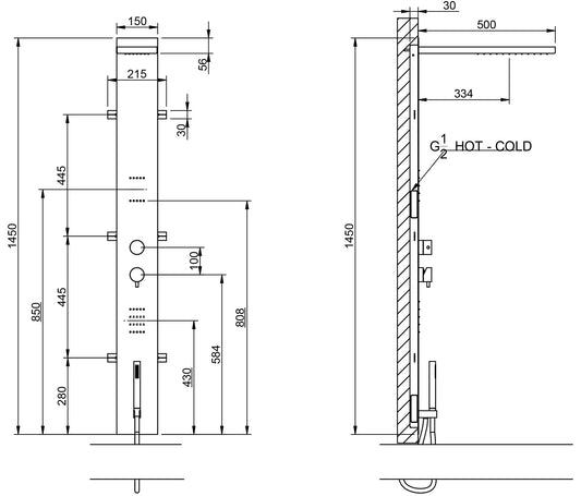 Rubinetterie Treemme SHOWERS & THERMOSTATICS Colonna Gruppo Doccia Attrezzata Multifunzione Con Miscelatore Meccanico Doccetta Soffione Anticalcare Idromassaggio Idro Finitura Cromata Per Piastrelle Parte Interna ed Esterna Incluse