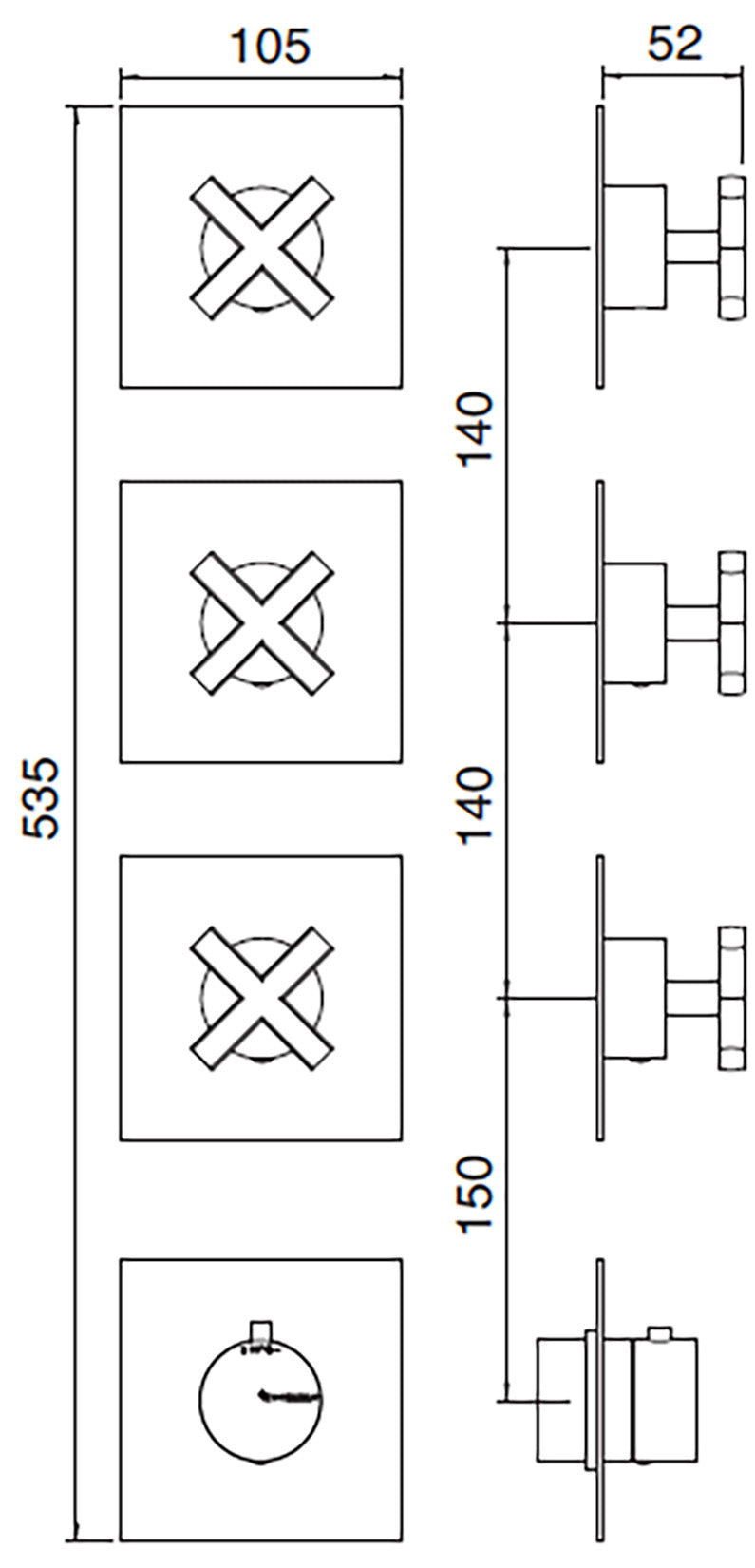 Rubinetterie Treemme SHOWERS & THERMOSTATICS Miscelatore Doccia Termostatico Incasso 3 Uscite Senza Piastra Materiale Ottone Finitura Cromata
