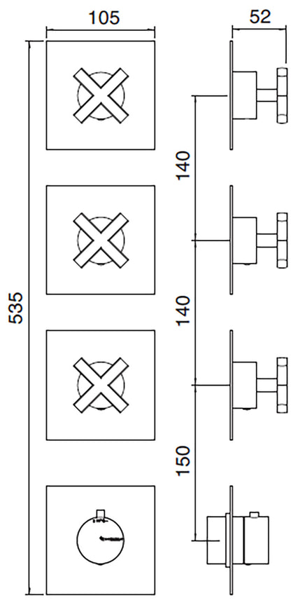 Rubinetterie Treemme SHOWERS & THERMOSTATICS Miscelatore Doccia Termostatico Incasso 3 Uscite Senza Piastra Materiale Ottone Finitura Cromata