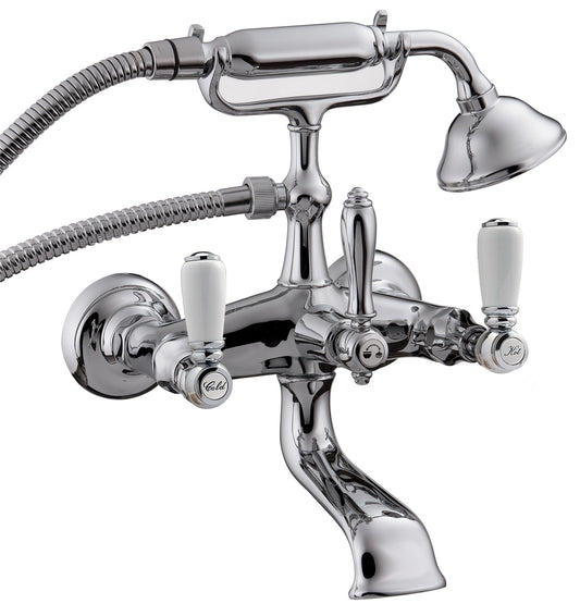 Rubinetterie Treemme 3M Old Italy Sogno IT 4401 CC SO ZZ Miscelatore Gruppo Vasca Esterno a Muro Miscelazione Meccanica 2 Fori Ottone Cromato 2 Leve Ceramica Bianca Stile Classico Doccetta Metallo Flessibile