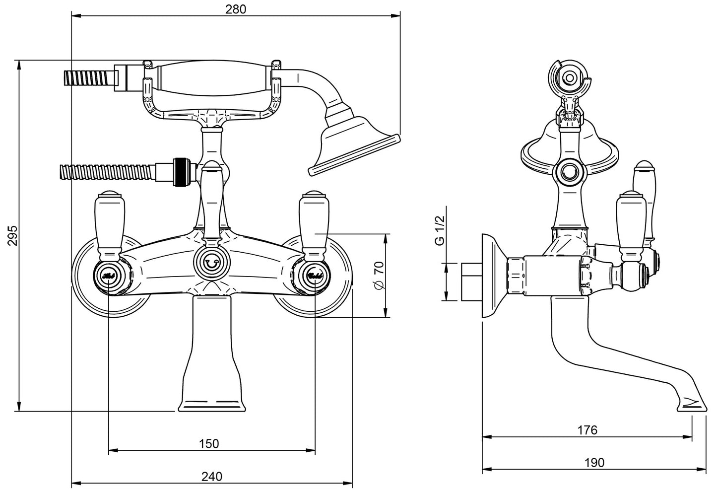 Rubinetterie Treemme 3M Old Italy Sogno IT 4401 CC SO ZZ Miscelatore Gruppo Vasca Esterno a Muro Miscelazione Meccanica 2 Fori Ottone Cromato 2 Leve Ceramica Bianca Stile Classico Doccetta Metallo Flessibile