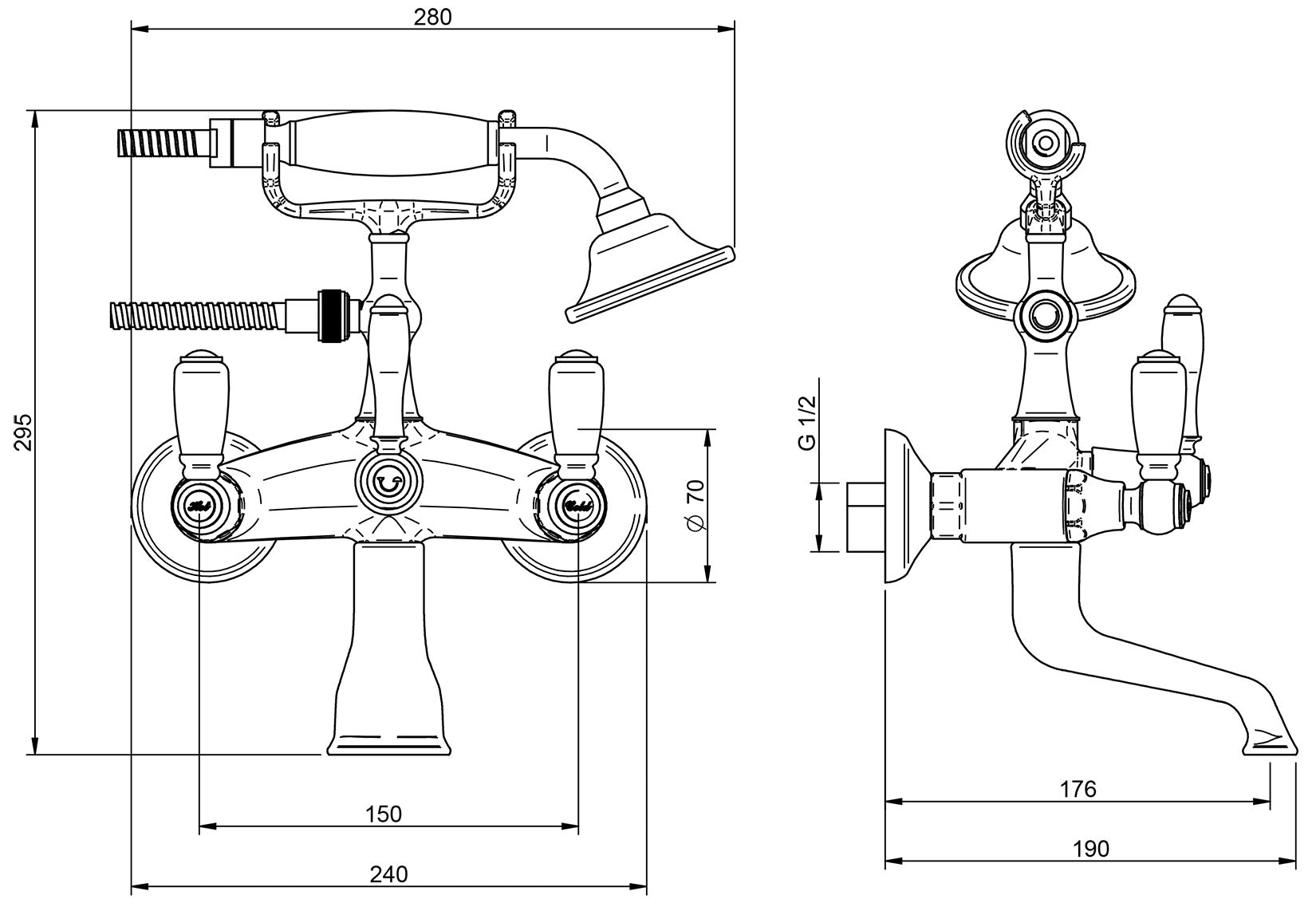 Rubinetterie Treemme 3M Old Italy Sogno IT 4401 CC SO ZZ Miscelatore Gruppo Vasca Esterno a Muro Miscelazione Meccanica 2 Fori Ottone Cromato 2 Leve Ceramica Bianca Stile Classico Doccetta Metallo Flessibile