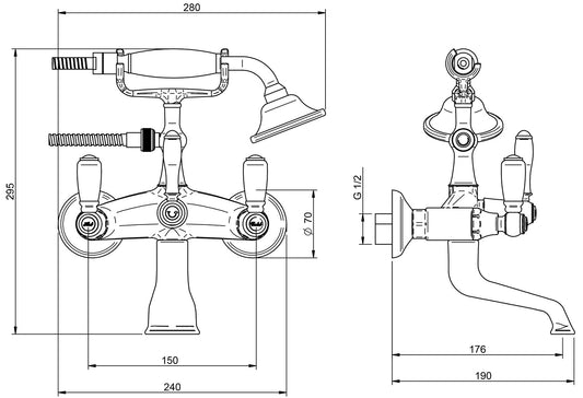 Rubinetterie Treemme 3M Old Italy Sogno IT 4401 CC SO ZZ Miscelatore Gruppo Vasca Esterno a Muro Miscelazione Meccanica 2 Fori Ottone Cromato 2 Leve Ceramica Bianca Stile Classico Doccetta Metallo Flessibile