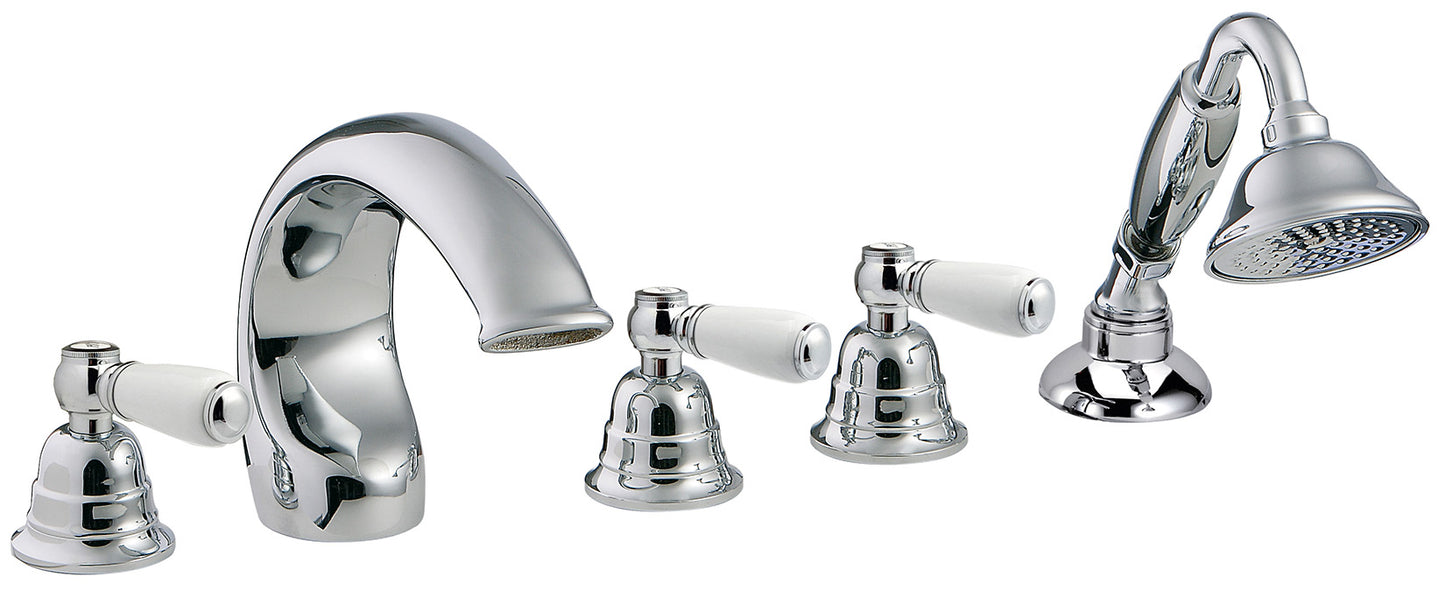 Rubinetterie Treemme 3M Old Italy Sogno IT 4406 CC SO ZZ Miscelatore Batteria Bordo Vasca Installazione ad Appoggio Miscelazione Meccanica 5 Fori Stile Classico Ottone Cromato 3 Leve Ceramica Bianca Doccetta Estraibile a Mano Metallo Flessibile