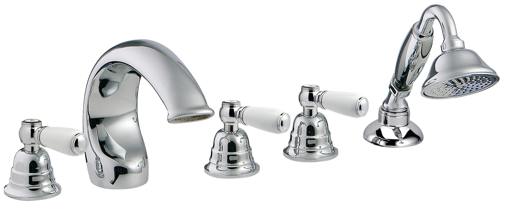 Rubinetterie Treemme 3M Old Italy Sogno IT 4406 CC SO ZZ Miscelatore Batteria Bordo Vasca Installazione ad Appoggio Miscelazione Meccanica 5 Fori Stile Classico Ottone Cromato 3 Leve Ceramica Bianca Doccetta Estraibile a Mano Metallo Flessibile