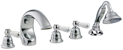 Rubinetterie Treemme 3M Old Italy Sogno IT 4406 CC SO ZZ Miscelatore Batteria Bordo Vasca Installazione ad Appoggio Miscelazione Meccanica 5 Fori Stile Classico Ottone Cromato 3 Leve Ceramica Bianca Doccetta Estraibile a Mano Metallo Flessibile