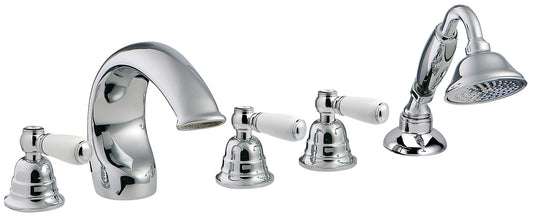 Rubinetterie Treemme 3M Old Italy Sogno IT 4406 CC SO ZZ Miscelatore Batteria Bordo Vasca Installazione ad Appoggio Miscelazione Meccanica 5 Fori Stile Classico Ottone Cromato 3 Leve Ceramica Bianca Doccetta Estraibile a Mano Metallo Flessibile