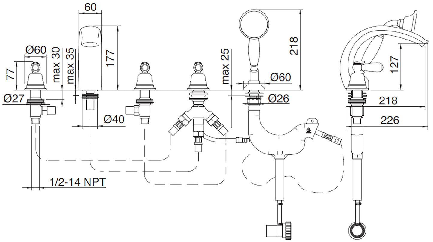Rubinetterie Treemme 3M Old Italy Sogno IT 4406 CC SO ZZ Miscelatore Batteria Bordo Vasca Installazione ad Appoggio Miscelazione Meccanica 5 Fori Stile Classico Ottone Cromato 3 Leve Ceramica Bianca Doccetta Estraibile a Mano Metallo Flessibile