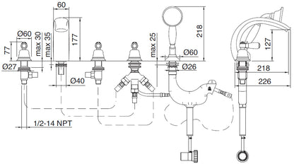 Rubinetterie Treemme 3M Old Italy Sogno IT 4406 CC SO ZZ Miscelatore Batteria Bordo Vasca Installazione ad Appoggio Miscelazione Meccanica 5 Fori Stile Classico Ottone Cromato 3 Leve Ceramica Bianca Doccetta Estraibile a Mano Metallo Flessibile