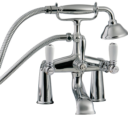 Rubinetterie Treemme 3M Old Italy Sogno IT 4407 CC SO ZZ Miscelatore Gruppo Bordo Vasca Piano Esterno Installazione ad Appoggio Miscelazione Meccanica 2 Fori Ottone Cromato 2 Leve Ceramica Bianca Stile Classico Doccetta a Mano Metallo Flessibile