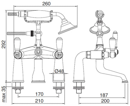Rubinetterie Treemme 3M Old Italy Sogno IT 4407 CC SO ZZ Miscelatore Gruppo Bordo Vasca Piano Esterno Installazione ad Appoggio Miscelazione Meccanica 2 Fori Ottone Cromato 2 Leve Ceramica Bianca Stile Classico Doccetta a Mano Metallo Flessibile