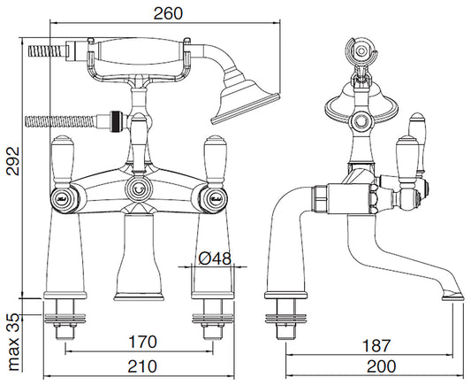 Rubinetterie Treemme 3M Old Italy Sogno IT 4407 CC SO ZZ Miscelatore Gruppo Bordo Vasca Piano Esterno Installazione ad Appoggio Miscelazione Meccanica 2 Fori Ottone Cromato 2 Leve Ceramica Bianca Stile Classico Doccetta a Mano Metallo Flessibile