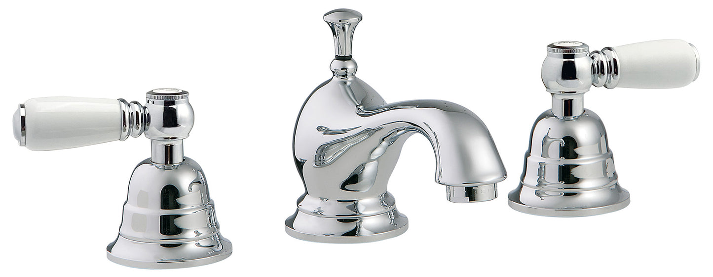 Rubinetterie Treemme 3M Old Italy Sogno IT 4410 CC SO ZZ Miscelatore Batteria Lavabo Appoggio 2 Leve Ceramica Bianca 3 Fori Stile Classico Altezza 110 mm Lunghezza 180 mm Materiale Ottone Finitura Cromato Con Piletta di Scarico Con Saltello Automatico