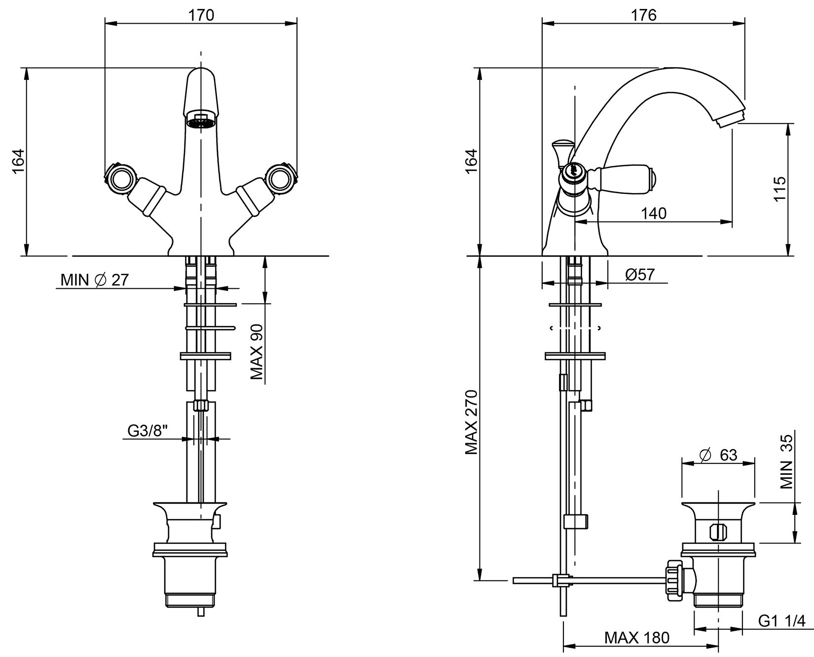 Rubinetterie Treemme 3M Old Italy Sogno IT 4414 CC SO ZZ Miscelatore Lavabo Appoggio 2 Leve Ceramica Bianca Monoforo Stile Classico Altezza 164 mm Lunghezza 176 mm Ottone Cromato Con Piletta di Scarico Con Saltello Automatico