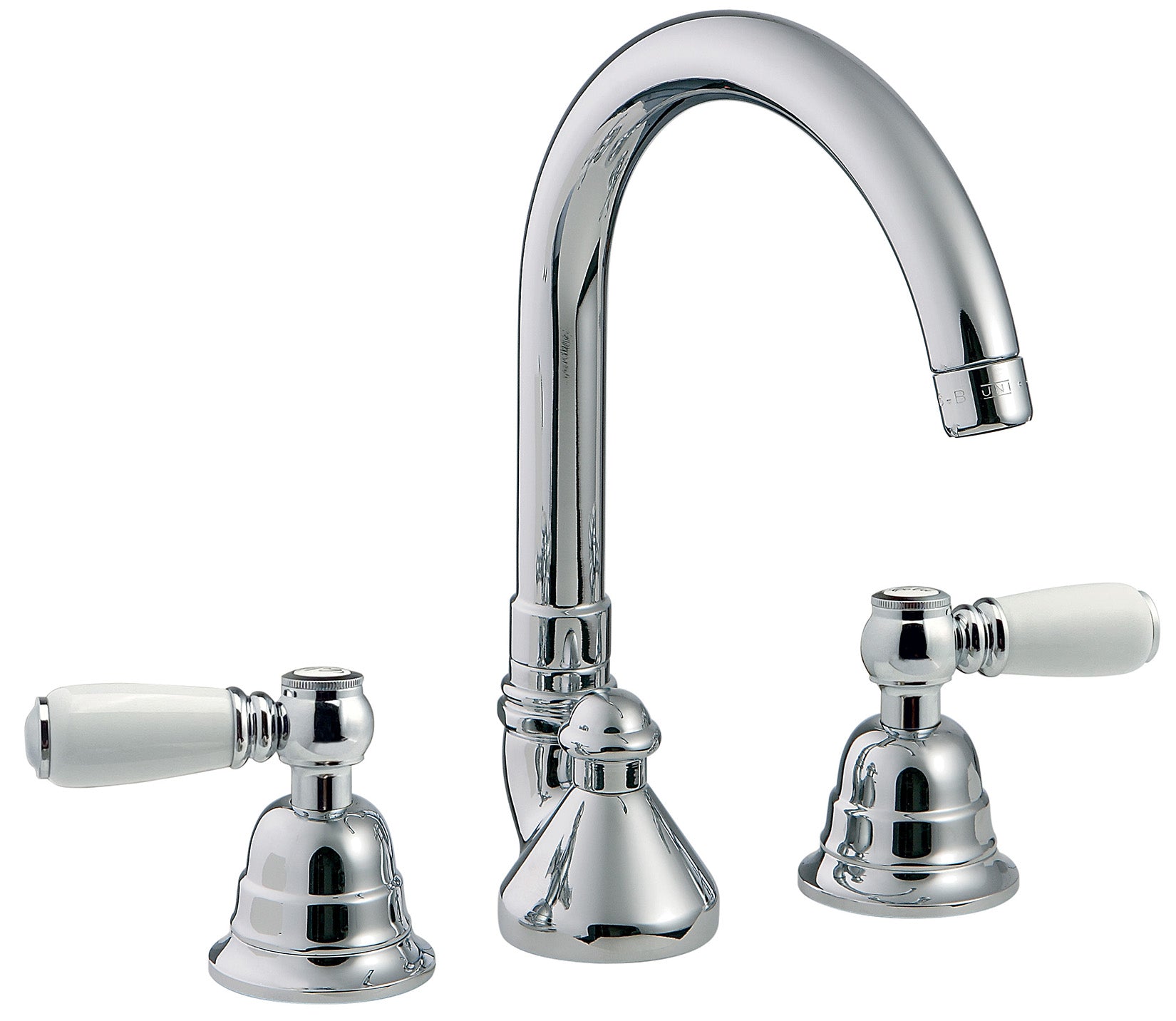 Rubinetterie Treemme 3M Old Italy Sogno IT 4416 CC SO ZZ Miscelatore Batteria Lavabo Appoggio 2 Leve Ceramica Bianca 3 Fori Collo Girevole Stile Classico Altezza 250 mm Lunghezza 200 mm Ottone Cromato Con Piletta di Scarico Con Saltello Automatico