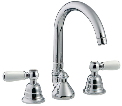 Rubinetterie Treemme 3M Old Italy Sogno IT 4416 CC SO ZZ Miscelatore Batteria Lavabo Appoggio 2 Leve Ceramica Bianca 3 Fori Collo Girevole Stile Classico Altezza 250 mm Lunghezza 200 mm Ottone Cromato Con Piletta di Scarico Con Saltello Automatico
