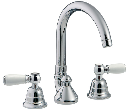 Rubinetterie Treemme 3M Old Italy Sogno IT 4416 CC SO ZZ Miscelatore Batteria Lavabo Appoggio 2 Leve Ceramica Bianca 3 Fori Collo Girevole Stile Classico Altezza 250 mm Lunghezza 200 mm Ottone Cromato Con Piletta di Scarico Con Saltello Automatico