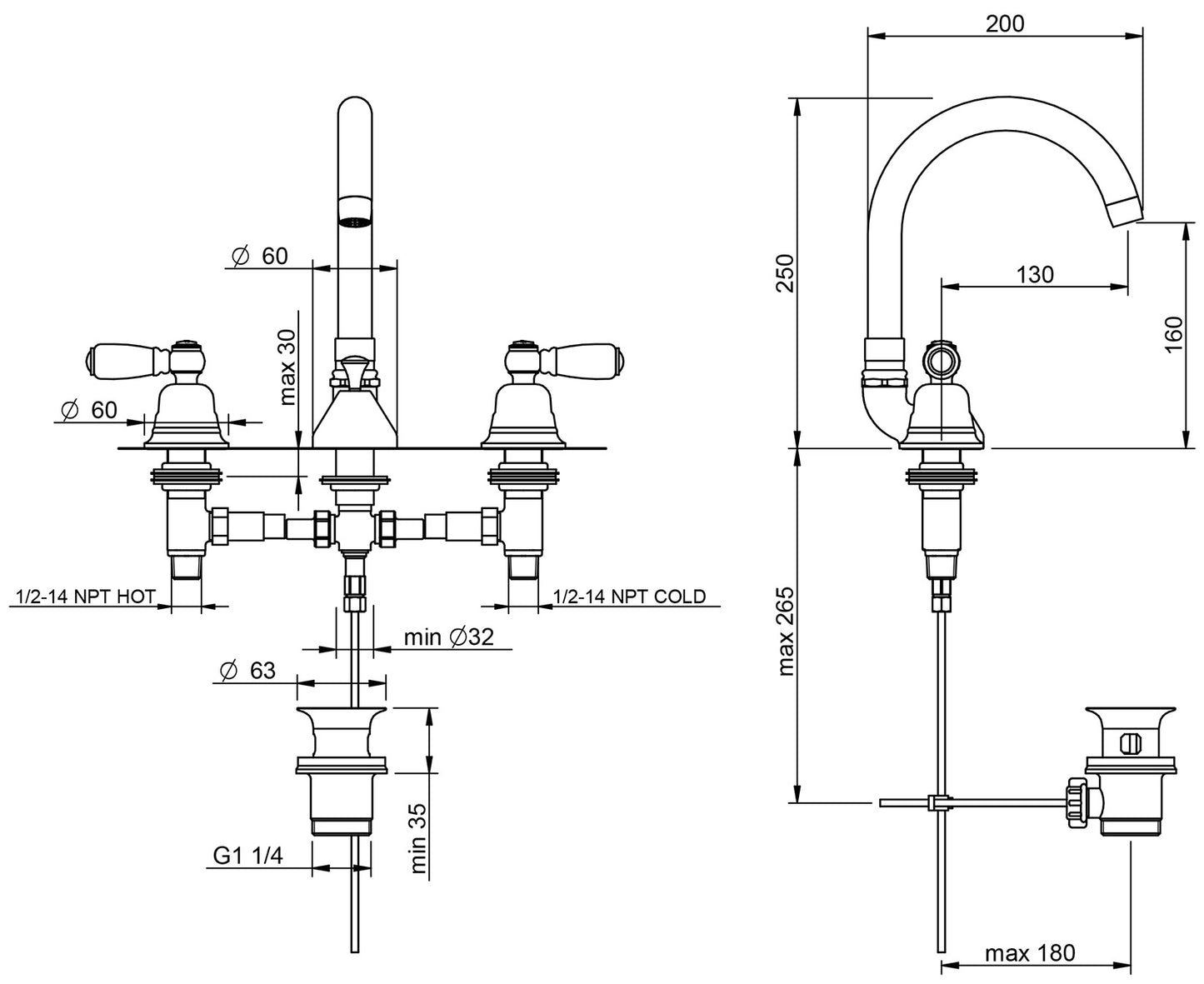 Rubinetterie Treemme 3M Old Italy Sogno IT 4416 CC SO ZZ Miscelatore Batteria Lavabo Appoggio 2 Leve Ceramica Bianca 3 Fori Collo Girevole Stile Classico Altezza 250 mm Lunghezza 200 mm Ottone Cromato Con Piletta di Scarico Con Saltello Automatico