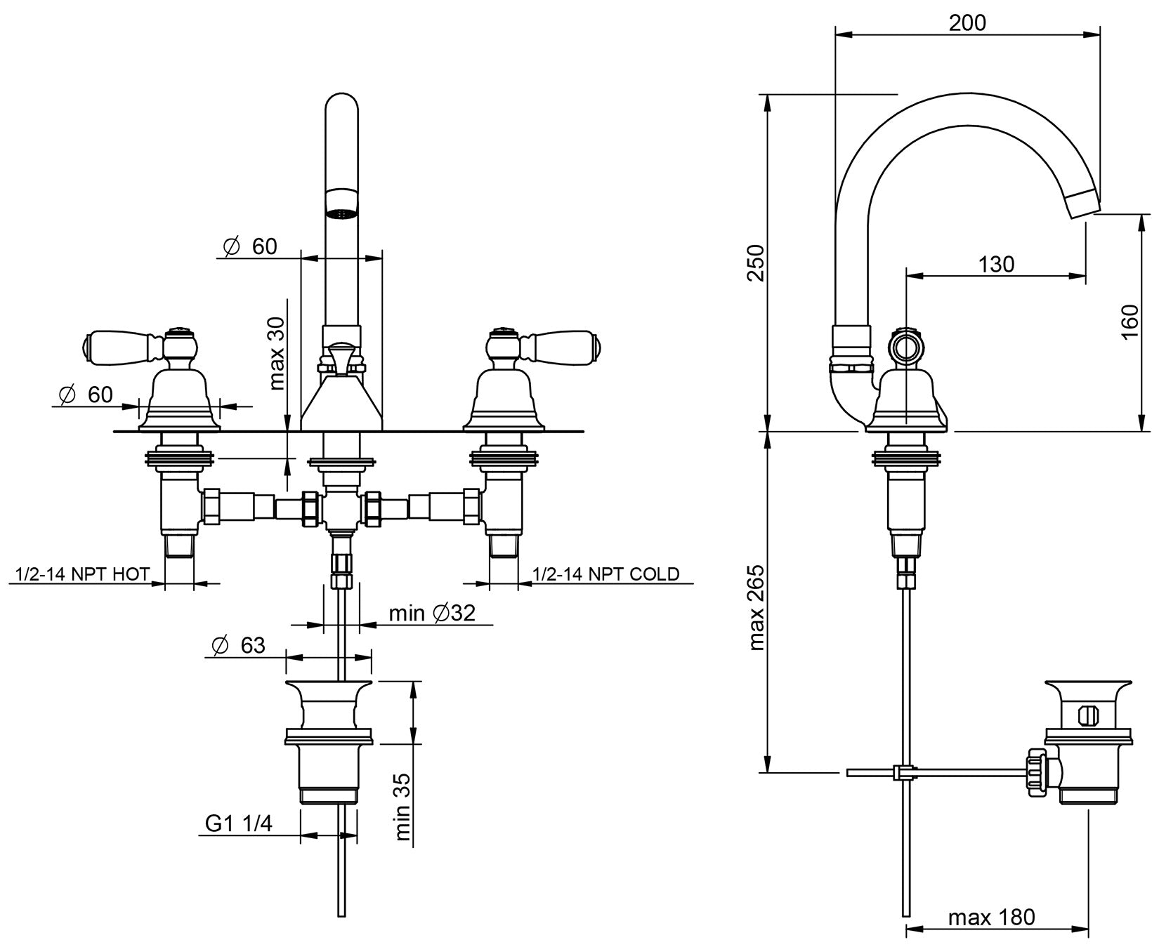 Rubinetterie Treemme 3M Old Italy Sogno IT 4416 CC SO ZZ Miscelatore Batteria Lavabo Appoggio 2 Leve Ceramica Bianca 3 Fori Collo Girevole Stile Classico Altezza 250 mm Lunghezza 200 mm Ottone Cromato Con Piletta di Scarico Con Saltello Automatico