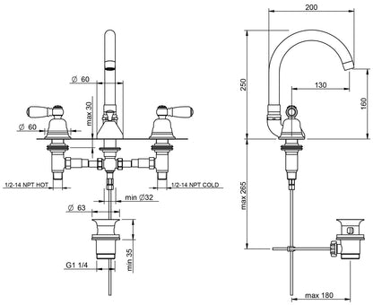 Rubinetterie Treemme 3M Old Italy Sogno IT 4416 CC SO ZZ Miscelatore Batteria Lavabo Appoggio 2 Leve Ceramica Bianca 3 Fori Collo Girevole Stile Classico Altezza 250 mm Lunghezza 200 mm Ottone Cromato Con Piletta di Scarico Con Saltello Automatico