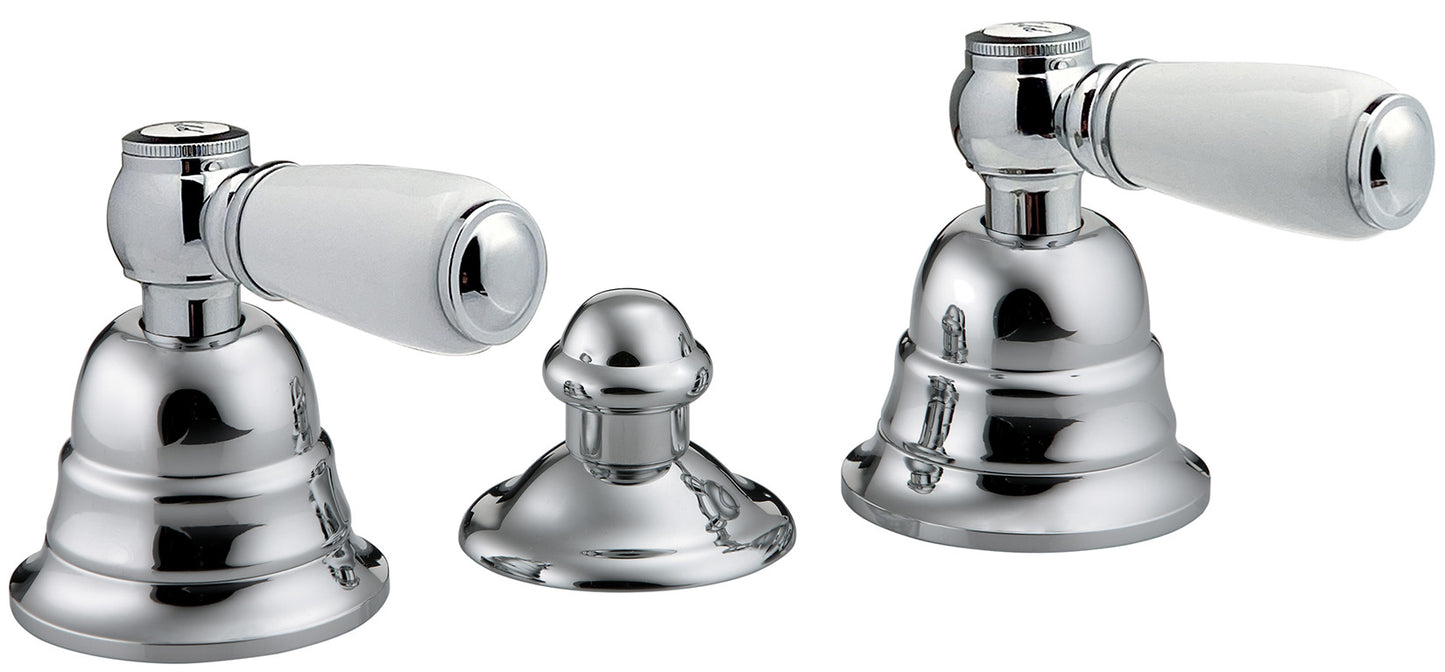 Rubinetterie Treemme 3M Old Italy Sogno IT 4420 CC SO ZZ Batteria Bidet Senza Canna 3 Fori Appoggio 2 Leve Ceramica Bianca Stile Classico Con Piletta Di Scarico Con Saltello Automatico Materiale Ottone Finitura Cromata