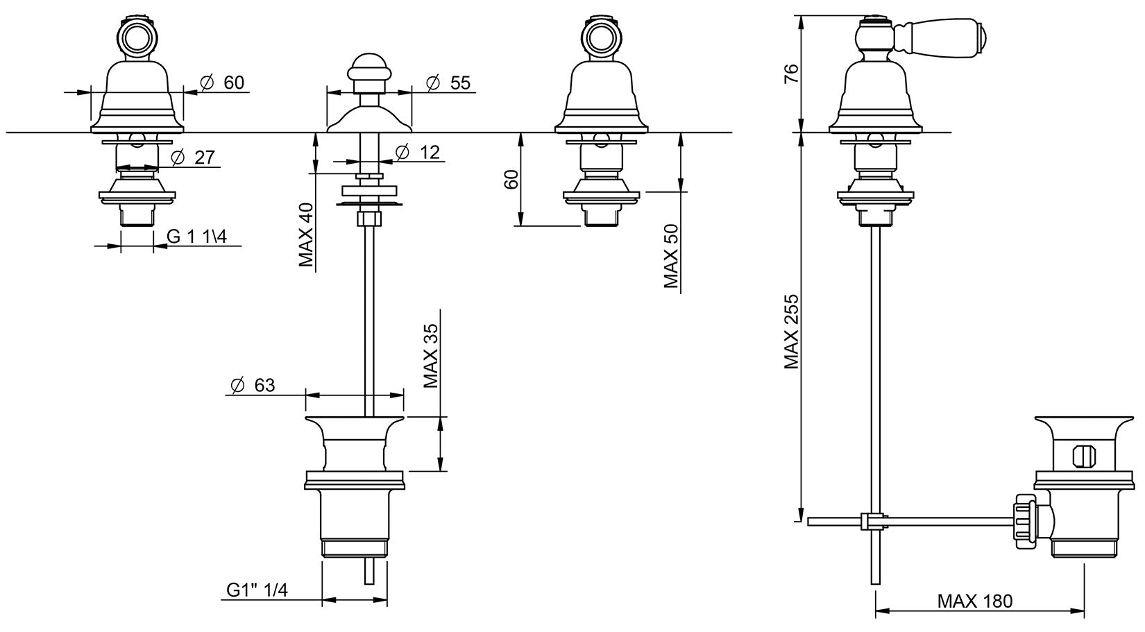 Rubinetterie Treemme 3M Old Italy Sogno IT 4420 CC SO ZZ Batteria Bidet Senza Canna 3 Fori Appoggio 2 Leve Ceramica Bianca Stile Classico Con Piletta Di Scarico Con Saltello Automatico Materiale Ottone Finitura Cromata