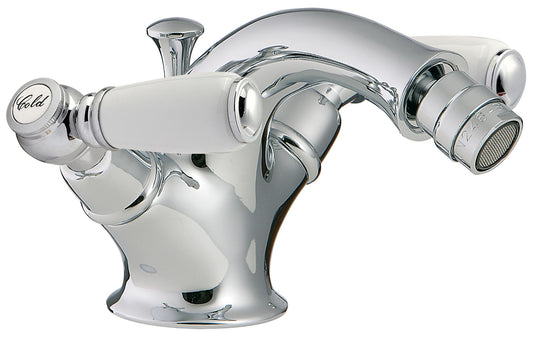 Rubinetterie Treemme 3M Old Italy Sogno IT 4424 CC SO ZZ Miscelatore Bidet Monoforo Appoggio 2 Leve Ceramica Bianca Stile Classico Con Piletta Di Scarico Con Saltello Automatico Altezza 106 mm Lunghezza 150 mm Ottone Cromato