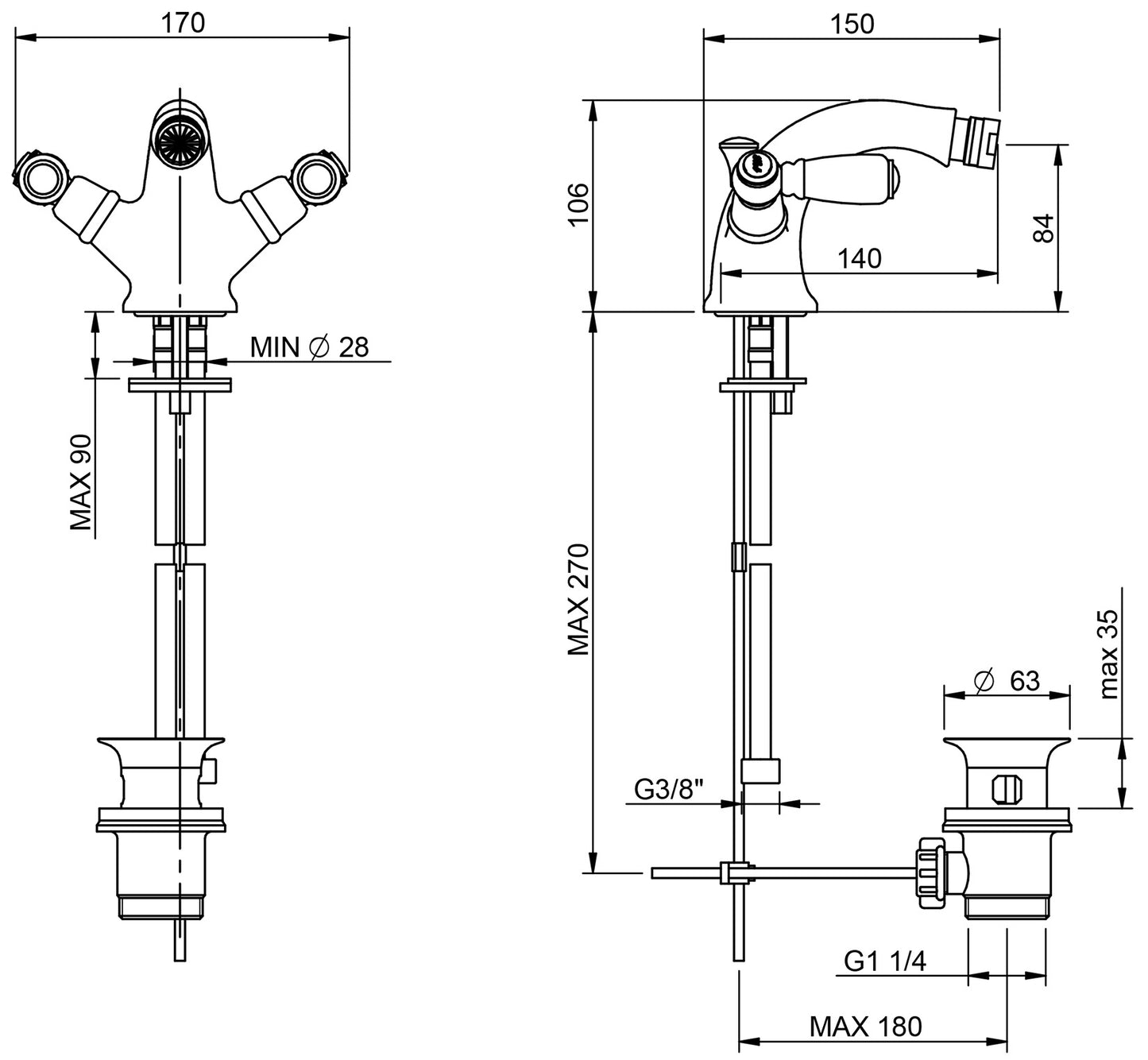 Rubinetterie Treemme 3M Old Italy Sogno IT 4424 CC SO ZZ Miscelatore Bidet Monoforo Appoggio 2 Leve Ceramica Bianca Stile Classico Con Piletta Di Scarico Con Saltello Automatico Altezza 106 mm Lunghezza 150 mm Ottone Cromato