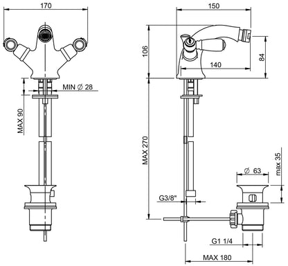 Rubinetterie Treemme 3M Old Italy Sogno IT 4424 CC SO ZZ Miscelatore Bidet Monoforo Appoggio 2 Leve Ceramica Bianca Stile Classico Con Piletta Di Scarico Con Saltello Automatico Altezza 106 mm Lunghezza 150 mm Ottone Cromato