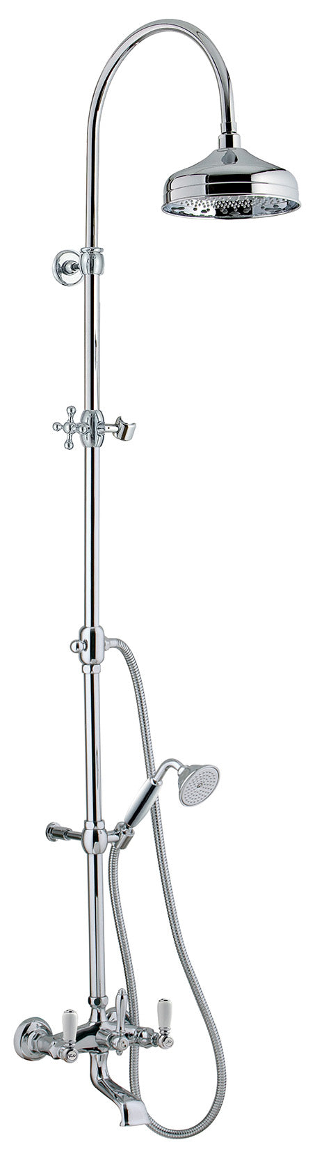 Rubinetterie Treemme 3M Old Italy Sogno IT 4483 CC SO ZZ Colonna Gruppo Vasca Multifunzione Miscelatore Meccanico Ottone Cromato 2 Leve Ceramica Bianca Bocca Doccetta Tonda Soffione Anticalcare Ø 200 mm Metallo Flessibile Stile Classico Montaggio Muro