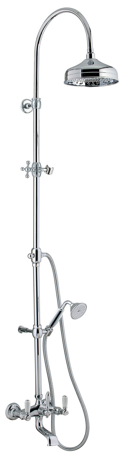 Rubinetterie Treemme 3M Old Italy Sogno IT 4483 CC SO ZZ Colonna Gruppo Vasca Multifunzione Miscelatore Meccanico Ottone Cromato 2 Leve Ceramica Bianca Bocca Doccetta Tonda Soffione Anticalcare Ø 200 mm Metallo Flessibile Stile Classico Montaggio Muro