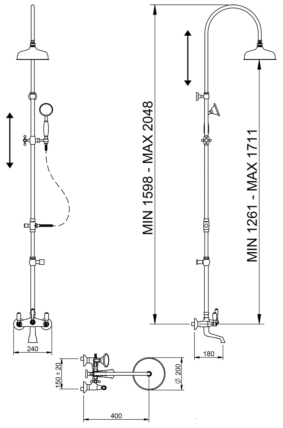 Rubinetterie Treemme 3M Old Italy Sogno IT 4483 CC SO ZZ Colonna Gruppo Vasca Multifunzione Miscelatore Meccanico Ottone Cromato 2 Leve Ceramica Bianca Bocca Doccetta Tonda Soffione Anticalcare Ø 200 mm Metallo Flessibile Stile Classico Montaggio Muro
