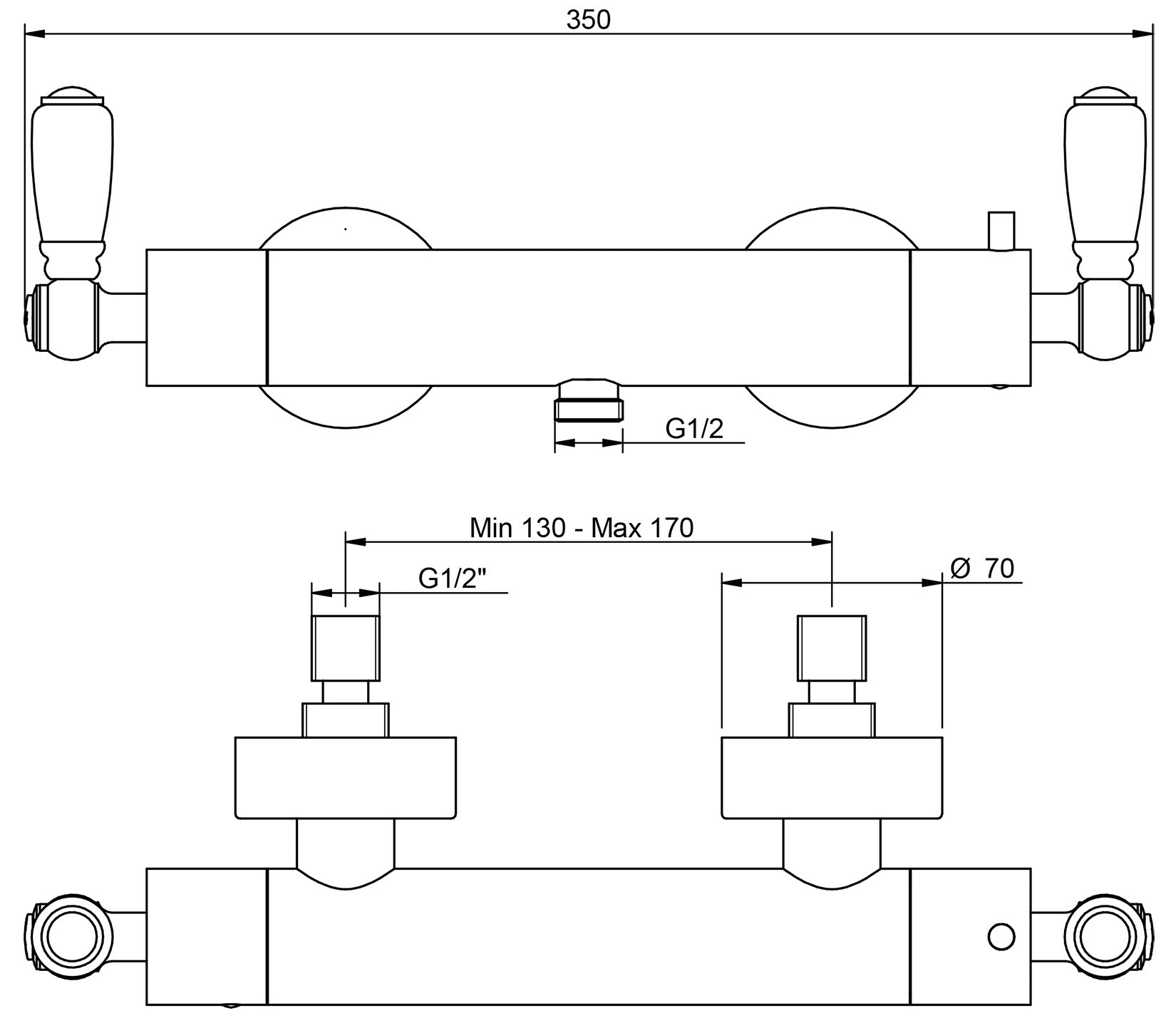 Rubinetterie Treemme 3M Old Italy Sogno IT 4488 CC SO ZZ Miscelatore Termostatico Gruppo Esterno Senza Set Doccia Installazione a Muro Stile Classico 1 Via 2 Fori Due Leve in Ceramica Bianca Materiale Ottone Finitura Cromata