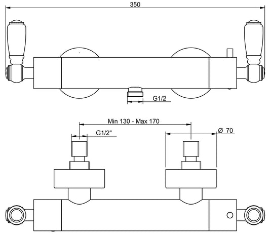 Rubinetterie Treemme 3M Old Italy Sogno IT 4488 CC SO ZZ Miscelatore Termostatico Gruppo Esterno Senza Set Doccia Installazione a Muro Stile Classico 1 Via 2 Fori Due Leve in Ceramica Bianca Materiale Ottone Finitura Cromata