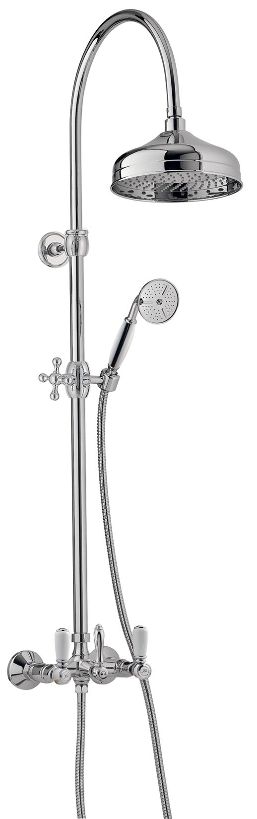 Rubinetterie Treemme 3M Old Italy Sogno IT 4490 CC SO ZZ Colonna Gruppo Doccia Multifunzione Miscelatore Meccanico Ottone Cromato 2 Leve Ceramica Bianca Doccetta Tonda Soffione Anticalcare Ø 200 mm Metallo Flessibile Stile Classico Montaggio Muro