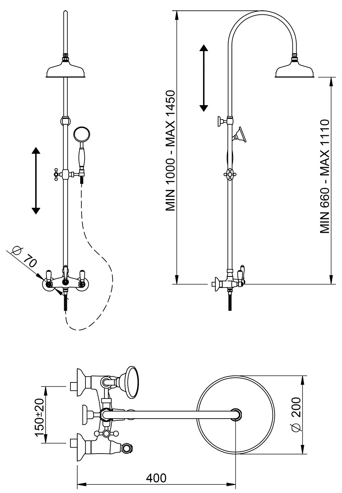 Rubinetterie Treemme 3M Old Italy Sogno IT 4490 CC SO ZZ Colonna Gruppo Doccia Multifunzione Miscelatore Meccanico Ottone Cromato 2 Leve Ceramica Bianca Doccetta Tonda Soffione Anticalcare Ø 200 mm Metallo Flessibile Stile Classico Montaggio Muro